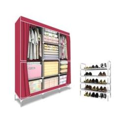 Portable Wardrobe - 8 Shelves - Wine Red + Free 4 Tier Shoe Rack - Silver