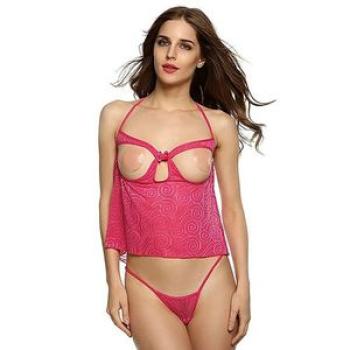 Sexy Open Bust BabyDoll Nightwear And G-String Set - Pink