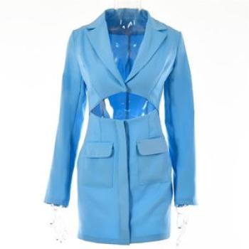 Notched Collar Hollow Out Buttons Jacket Office Ladies Slim Outfits Blue