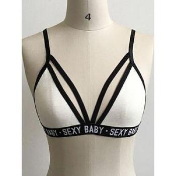 Women Sexy Elastic Strap Patchwork Letters Print Crop Tops Bra Bralette Blouse-White