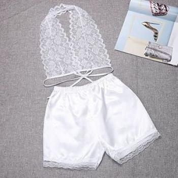Sexy Women`s Sleepwear Lingerie Pajamas Babydoll Lace Dress Underwear Nightwear With Shorts-White