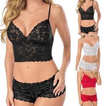 Women Spaghetti Strap Bikini Set Lace Two Piece Set With G-String Sleepwear-Black