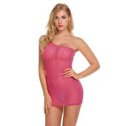 See-through Lingerie Single Shoulder Bodycon Bodydoll Slim Pencil Mini Dress-Rose Red