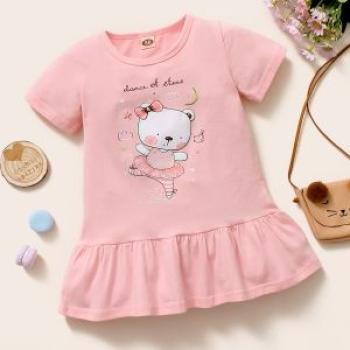 Baby Girls Adorable Cartoon Dancing Bear Short Sleeves Dress -Pink