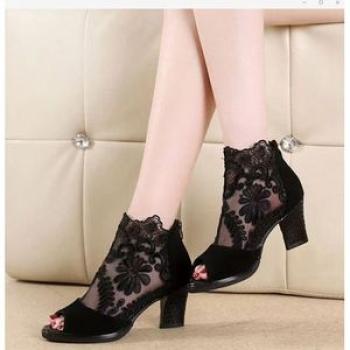 Ladies Fashion Lace Mesh High Heels Wedding shoes-Black