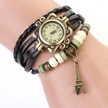 Women Vintage Eiffel Tower Multilayer Braided Faux-Black