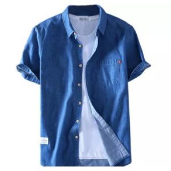 Causal Short Sleeve Denim Shirt - Blue