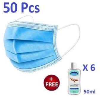 Disposable Protective Face Mask - 50 Pieces - Blue + 6 Pcs Hand Sanitizer 50ml