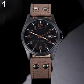 Men`s Date Arabic Numerals Dial Faux Leather Band-Brown