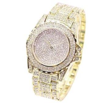 Women Luxury Full Shiny Rhinestone Round Quartz-Golden