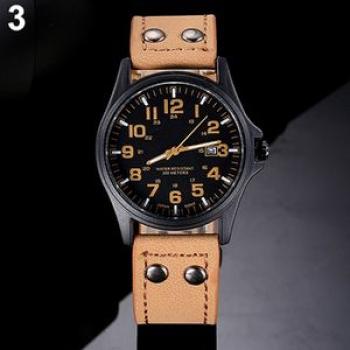 Men`s Date Arabic Numerals Dial Faux Leather Band-Khaki