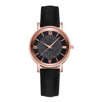 Women Fashion Rhinestones Inlaid Round Dial Analog-Black