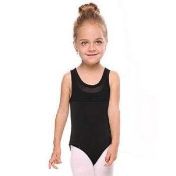 Girls One-piece O-Neck Sleeveless Elastic Back Cross Net Splicing Dance Tank Ballet Leotard-Black