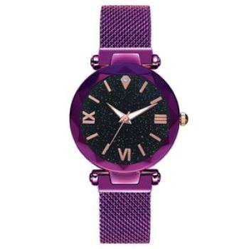 Women Elegant Starry Mesh Band Quartz Wrist Watch For-Purple
