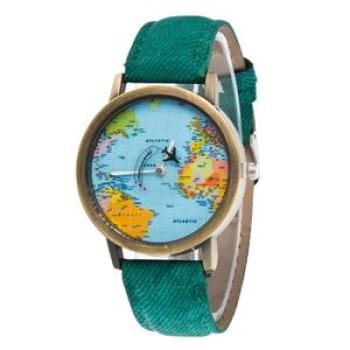 Retro Unisex World Map Denim Fabric Strap Round Dial-Green