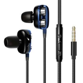 Wired Earphone Dual Moving Coil Wire Control Portable 4-Blue