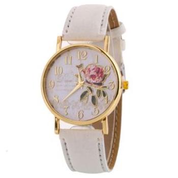 Women Arabic Number Rose Flower Round Dial Faux-White