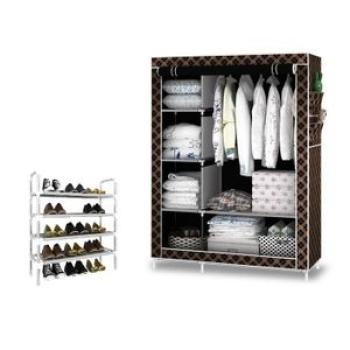 Portable Wardrobe - 6 Shelves - Black/Gold + Free 4 Tier Shoe Rack - Silver