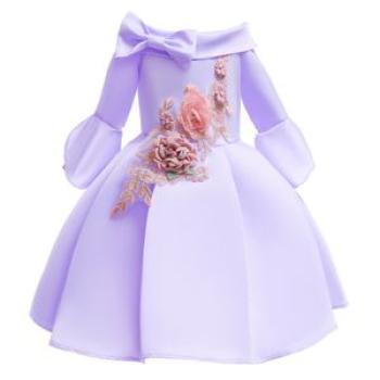 Children`s Christmas Dress Off Shoulder Sleeve Girls 3D Embrodiery Princess Dress - Purple