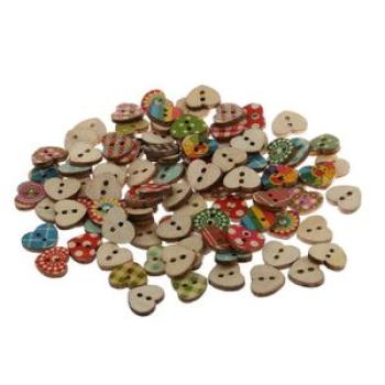 100pcs Funky Heart Shaped Mini Wooden Buttons Printed 2 Hole Sewing
