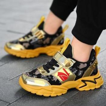 Children`s Sneakers Boy Skate Shoes Kids Velcro Sport Shoes -Black&Gold