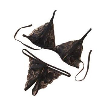 Sexy Women Sheer Lace Bandage Bra Open Crotch G-String-Black