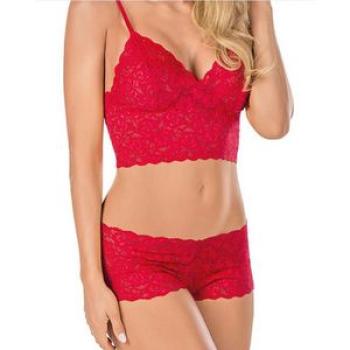 Women Sexy Lace See-Through Wrapped Chest Bra Panties-Red