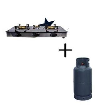 I-3GS-G Triple Burner Table Top Gas Stove - Black + 12.5Kg Domestic Cylinder