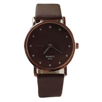 Lady Fashion Faux Leather Band Wristwatch Rhinestone-Coffee