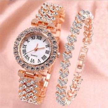 Elegant Studed Ladies Wristwatch With Hand Chain-Rose Gold