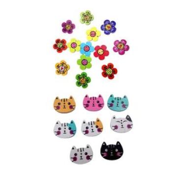 200Pcs Lovely Cartoon Cat Wood Button Flower Printed Buttons Apparel