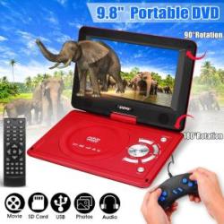 Portable 9.8" DVD Player 270° Swivel Screen Rechargeable Game SD USB FM Radio TV Red