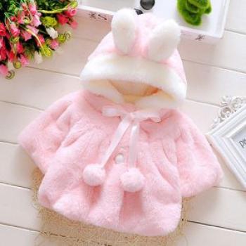 Female Baby Cartoon Rabbit Ears Shape Hooded Imitation Rabbit Fur Shawl Coat, Kid Size:80cm(Pink)