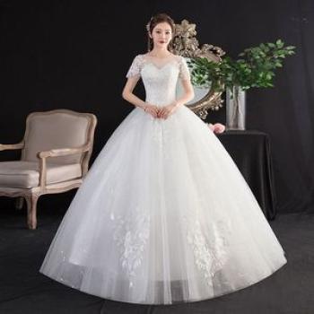 Womens Short Sleeve Lace Wedding Dress-White