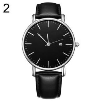 Business Men Minimalist Calendar Round Dial Faux Leather-2#