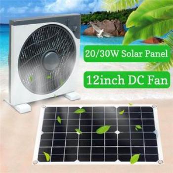 20W 12V / 5V Double USB Solar Panel + 12 inch 11W Portable Silent Fan + 1.2m Line For Camping
