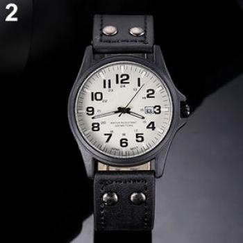 Men`s Date Arabic Numerals Dial Faux Leather Band-Black