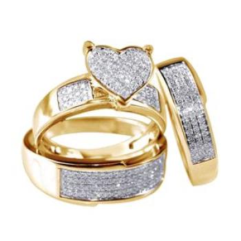 3Pcs Rhinestone Heart Ring Wedding Set - Golden