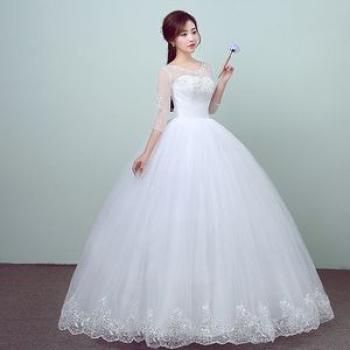 Womens  Round Neck Voile Wedding Dress-White