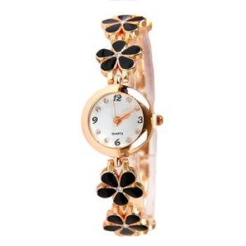 Fashion Women Rhinestone Flower Round Dial Analog-Black