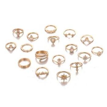 17Pcs/Set Bohemian Women Rhinestone Inlaid Flower Finger - Gold