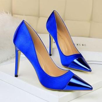 Women`s Pointed Court Satin Thin Sexy Nightclub Shoes Blue