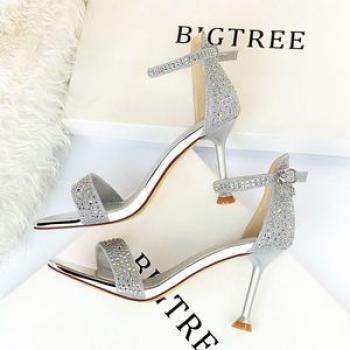 Ladies High Heels Crystal Word Band Open Toes Sandals Silver