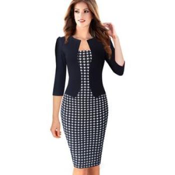Office Bodycon Female 44624 Sleeve Sheath Women Dress b237 Blk and houndstooth