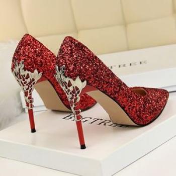 Ladies Heels Metallic Carved Sequins Sandals Red