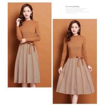 Dress Long Sleeve Sweater Women Dress Office Lady Casual Midi Dress Orange