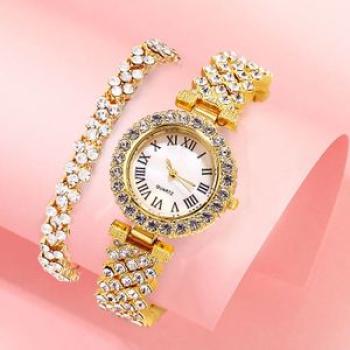 Elegant Studed Ladies Wristwatch With Hand Chain-Gold