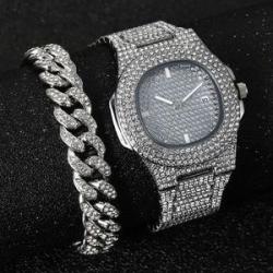 Keep Moving Stone Iced Men"s Wristwatch Witch Hand Chain - SIlver