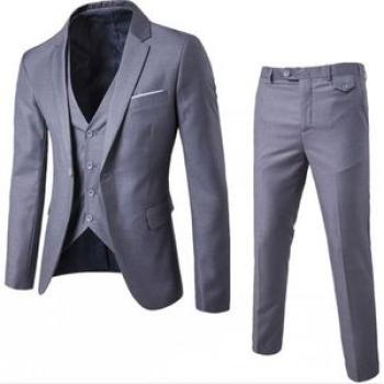 3 In 1 Men`s Suits Coat Pants Vest Uniform Set-GREY
