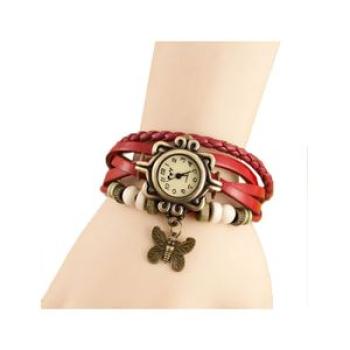Leather Vintage Bracelet Wrist Watch - Wine Red